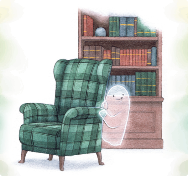 Illustration d'andré le petit fantome qui se cache derriere un fauteil vert avec en fond une bibliothèque