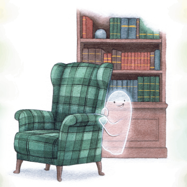 Illustration d'andré le petit fantome qui se cache derriere un fauteil vert avec en fond une bibliothèque